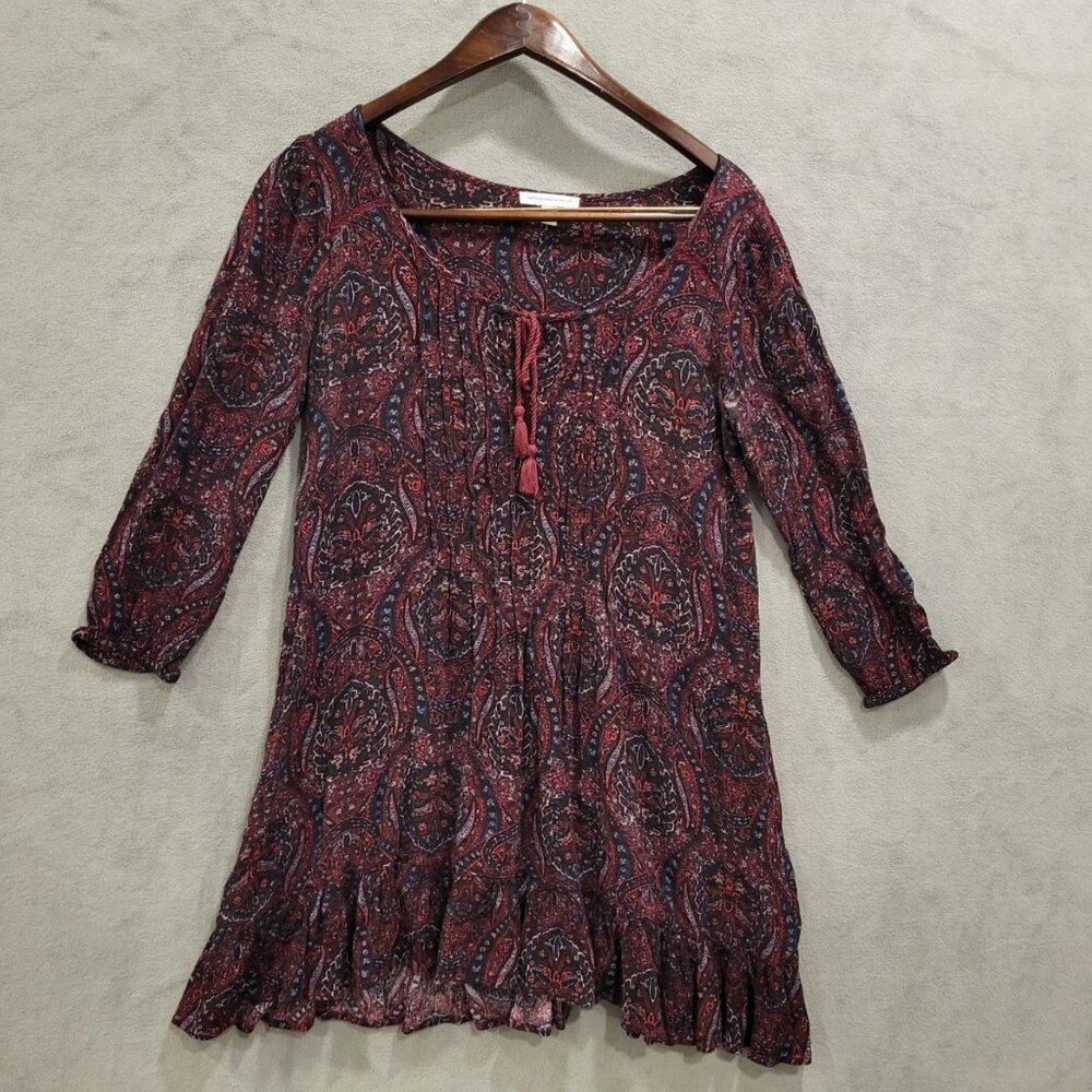 American Eagle Paisley‎ Dress Women's Small Pin Tuck Tassles Hippie Boho Peasant